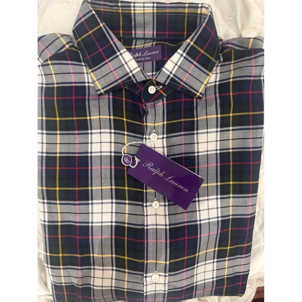 Ralph Lauren Purple Label Tartan Plaid Shirt Navy‎ White Italy 17 790765495002